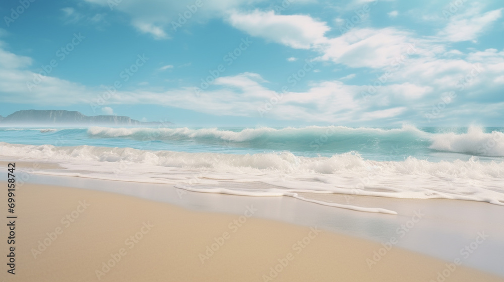 A beach with white sand and big waves