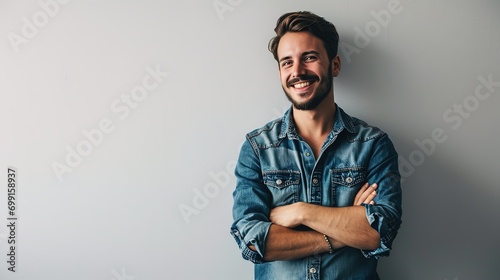Casually handsome. Confident young handsome man in jeans shirt keeping arms crossed and smiling while standing against white background