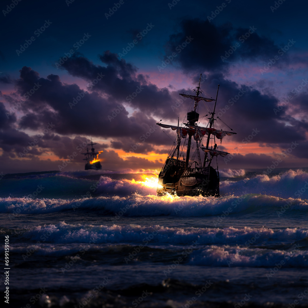 A battle between two sailing ships on the open sea during a storm. Pirate attack on a merchant ship