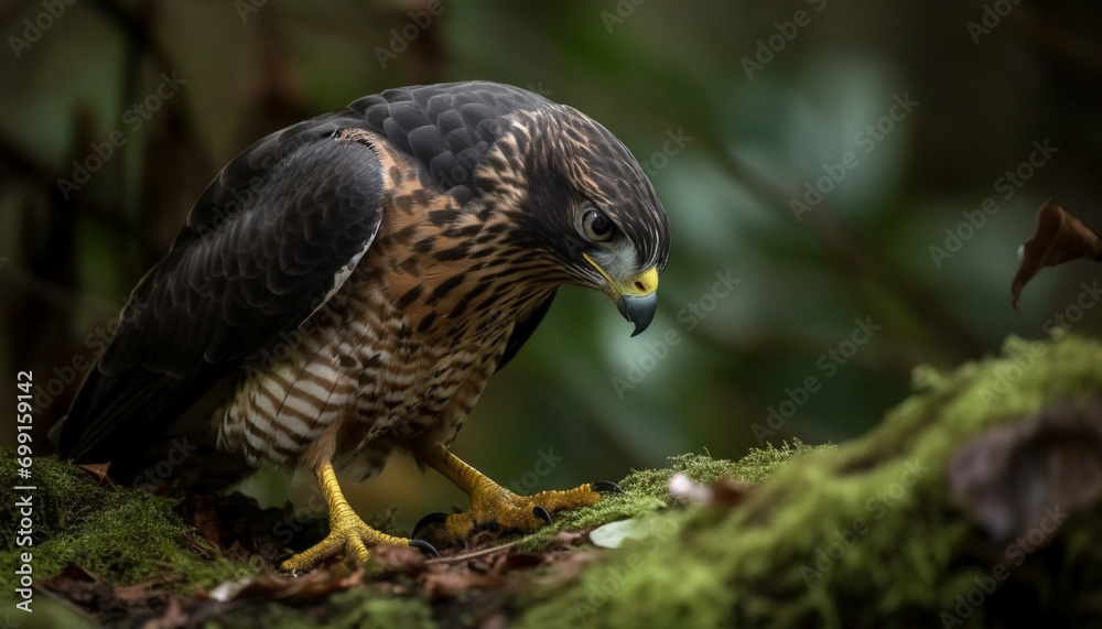 Majestic bird of prey perching on branch, looking at camera generated by AI Majestic bird of prey perching on branch, looking at camera generated by AI