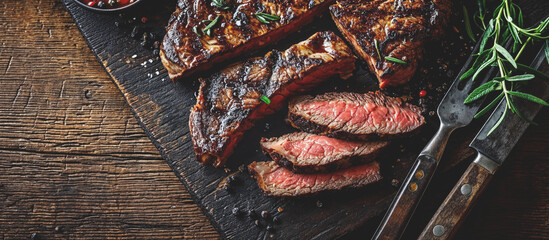 Grilled top sirloin or cup rump beef meat steak on wooden board