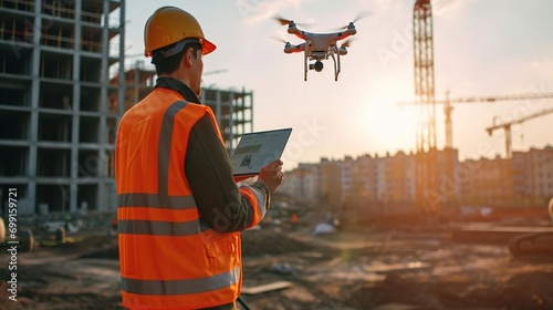 civil engineer control and piloting drone for inspect a construction site photo