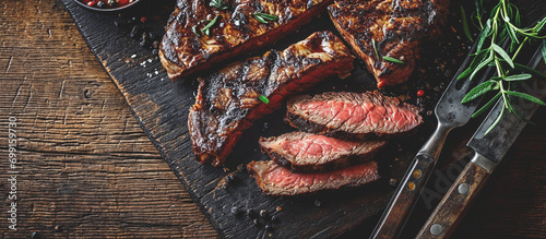 Grilled top sirloin or cup rump beef meat steak on wooden board