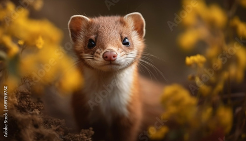 Cute furry ferret sitting in the grass, looking at camera generated by AI