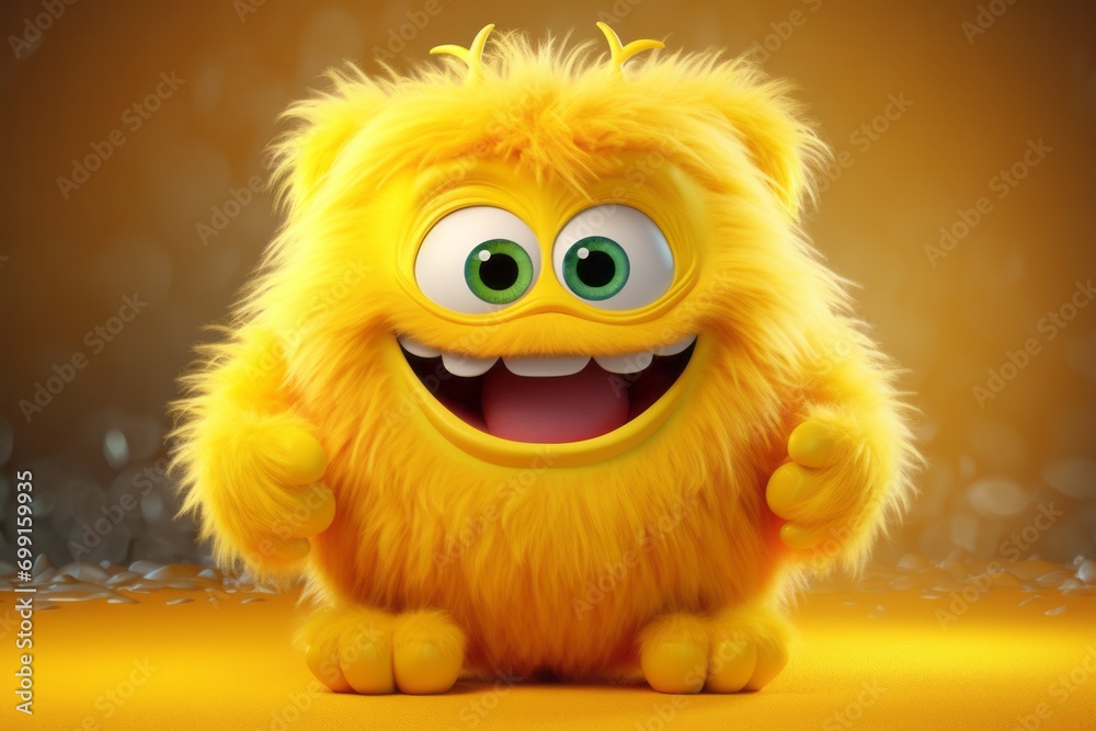 Cute yellow furry monster 3D cartoon character