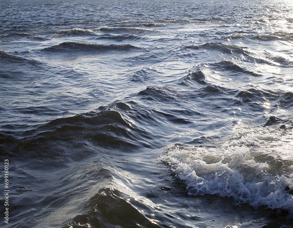 Water surface with waves and foam on the water surface of the sea