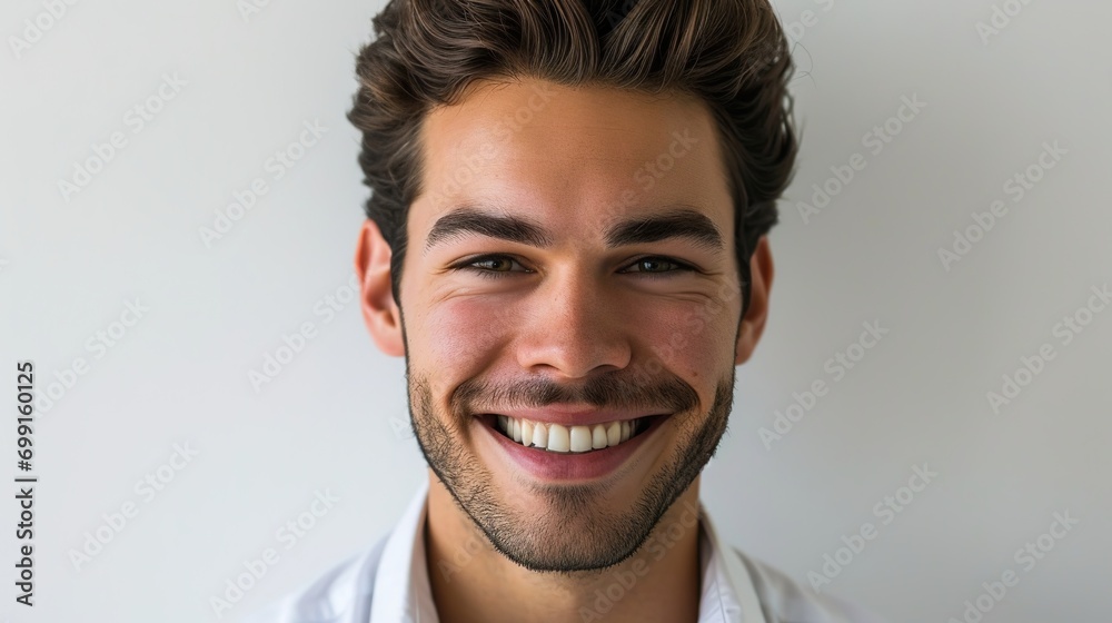 Closeup portrait of handsome, smiling, successful young business man, student, worker, employee, isolated on white background. Positive human emotions facial expressions