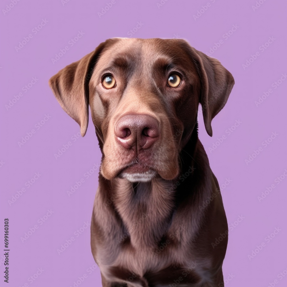 Close-up of panting, playful dog's, Labrador Retriever face with cute big and kind eyes against purple background. Concept of veterinary, pets.