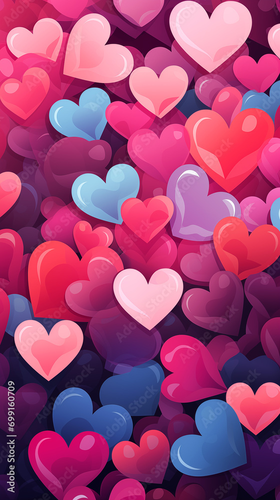 Valentine's Day card. Red, purple, pink and blue hearts background