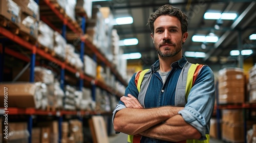 confident worker standing arms crossed in distribution warehouse photo