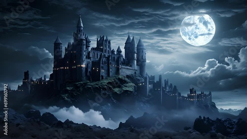 A crystalclear full moon illuminating an abandoned castle its towers ominously looming against the night sky.