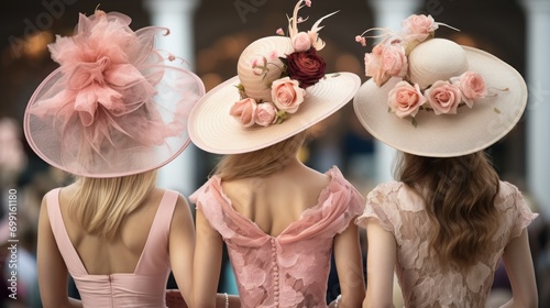 Back view portrait of three young ladies in glamour pink hats, friends. They have made preliminary bets on match and cheers.