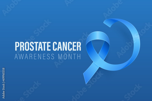Prostate Cancer Banner, Card, Placard with Vector 3d Realistic Blue Ribbon on Blue Background. Prostate Cancer Awareness Month Symbol Closeup, September. World Prostate Cancer Day Concept