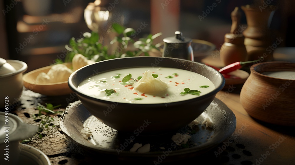 Creamy soup with potatoes and herbs in a bowl on the table Creamy soup with potatoes and herbs in a bowl on the table