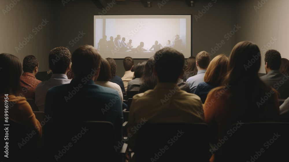 Obraz premium Audience in a conference room or seminar meeting showing a presentation video
