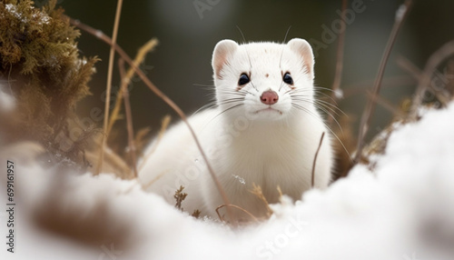 Cute mammal playing in the snow, staring at camera, outdoors generated by AI