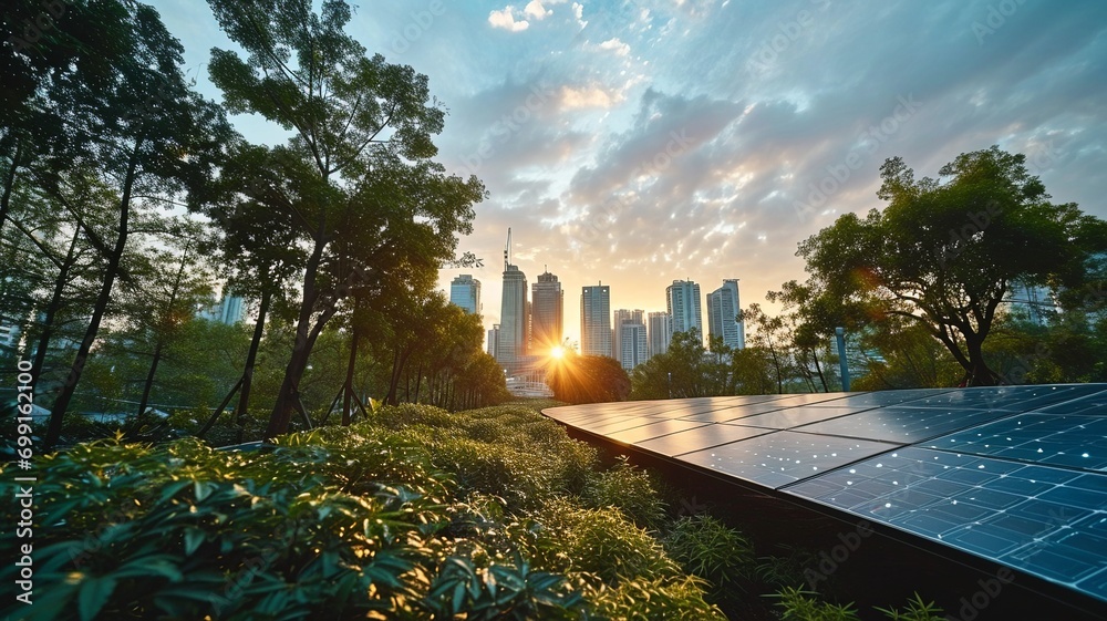 Sustainable Future: City Skyline with Solar-Paneled Buildings