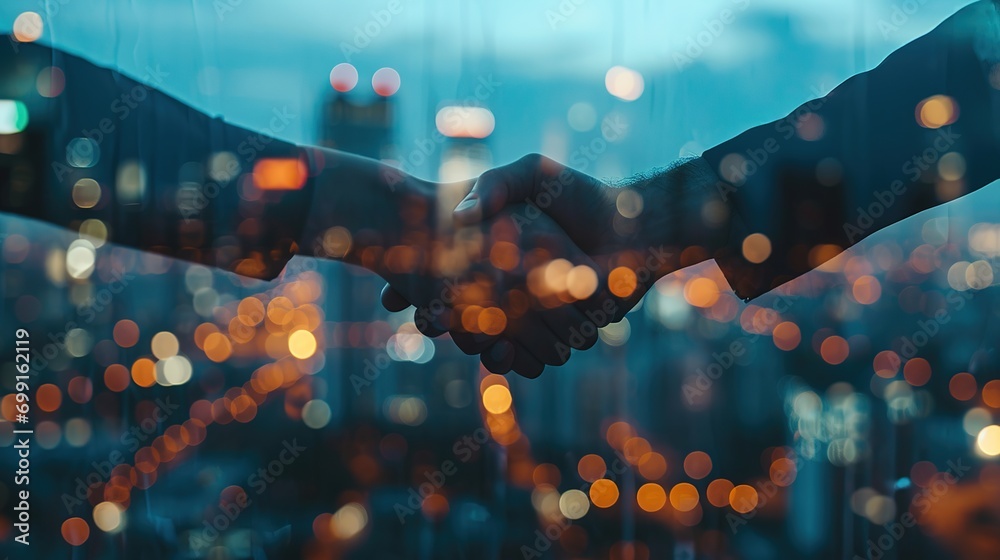 Fototapeta premium Double exposure of business handshake for successful of investment deal and city night background, teamwork and partnership concept