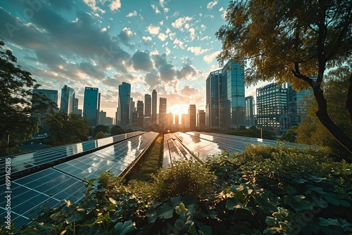 Sustainable Future: City Skyline with Solar-Paneled Buildings