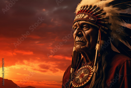 Man ancient head portrait person background native man chief american culture indian headdress photo