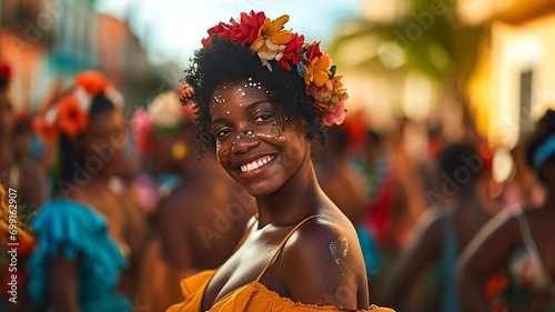 Carnival Queen in Exquisite Floral Headdress

