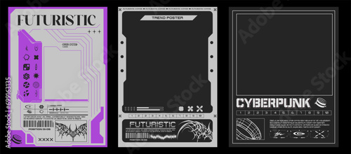Collection of Modern Futuristic and Cyberpunk Poster Templates with Abstract Elements. Angular sci fi frame for poster set. Neo tribal poster. Gothic elements for design. Vector illustration