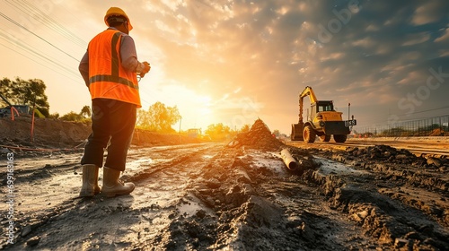 Engineer working on construction site, machine for road work background, Civil Engineers control and inspection with walkie-talkie, Soil and road work photo