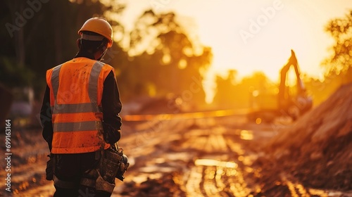 Engineer working on construction site, machine for road work background, Civil Engineers control and inspection with walkie-talkie, Soil and road work