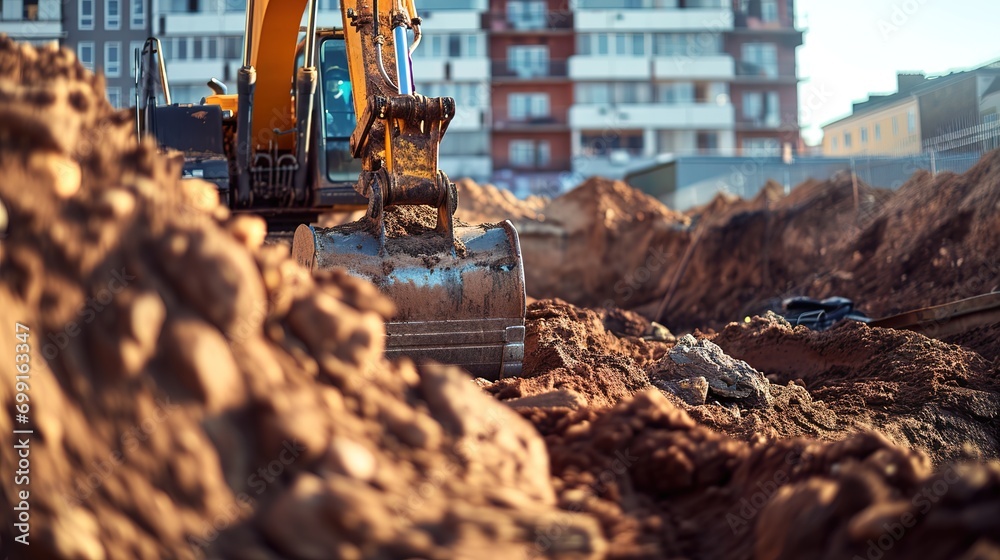 Fototapeta premium excavator in construction site on sunset sky background