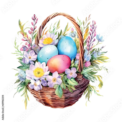 easter multicolored eggs with flowers in a basket watercolor on white background