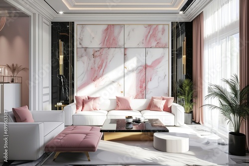 Futuristic Royalcore Living Room: White and Pink with Black Panels photo