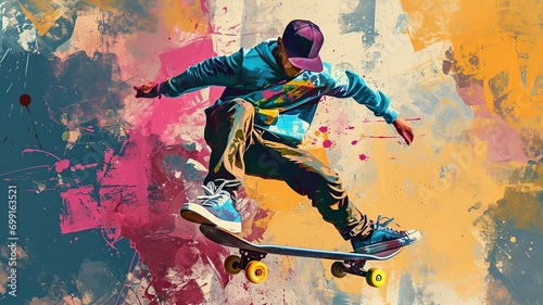 80s Urban Lifestyle  Skateboarder with Street Art Background