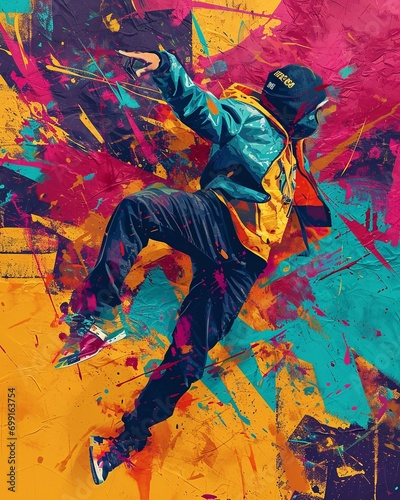 Urban Rhythm: 80s Breakdancer on Graffiti-Covered Ground Poster