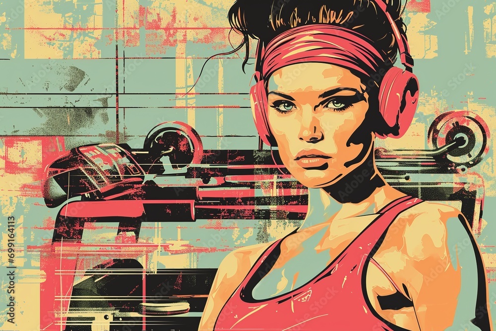 Retro Fitness Craze: Aerobic Model with Vintage Gym Equipment