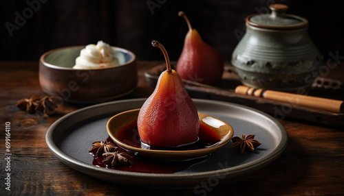 Fresh fruit on a wooden table, a sweet and healthy snack generated by AI