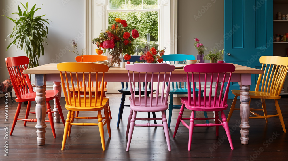 Obraz premium Colorful Mismatched Chairs Around a Dining Table