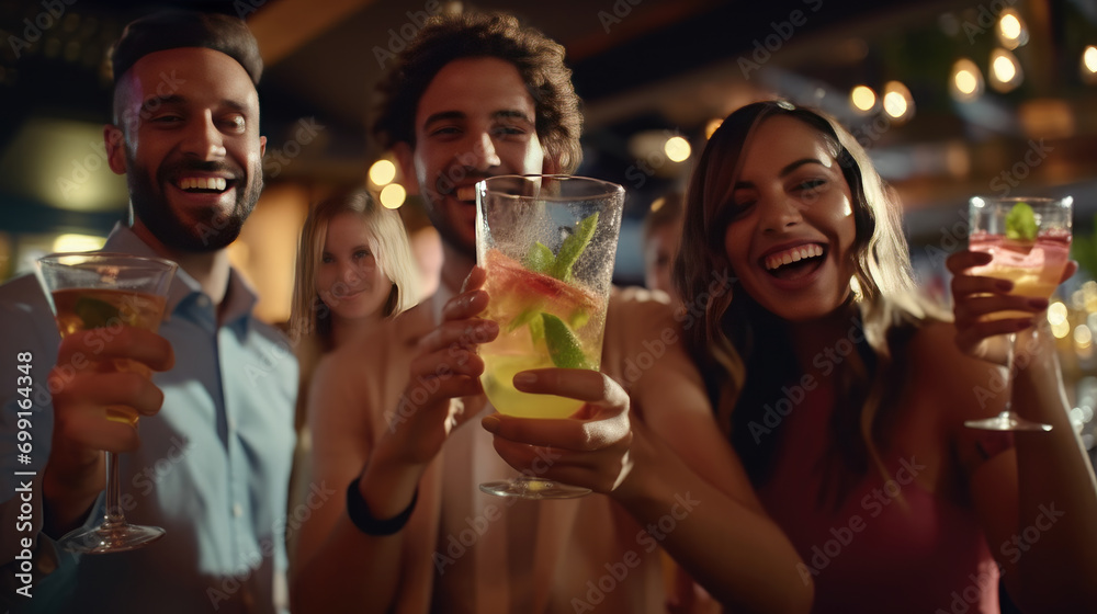 Close-up view of friends enthusiastically cheering with mojito drinks at a bustling bar restaurant
