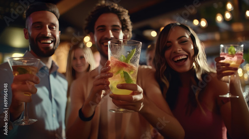 Close-up view of friends enthusiastically cheering with mojito drinks at a bustling bar restaurant