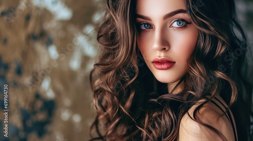 Hair salon. Beauty Fashion Model Woman Healthy Brown Hair looking at camera. Hairdresser,hairstyle concept