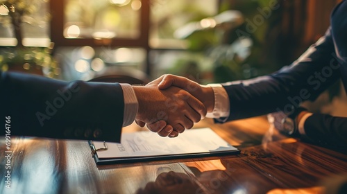Handshake after reaching a real estate deal. Signing a house rental, mortgage, lease agreement. Real estate agent shakes hands with a client and asks them to legally sign a contract of agreement photo