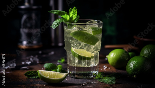 Refreshing lime cocktail with ice, mint leaf, and citrus fruit generated by AI