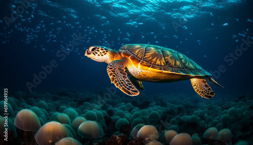 A beautiful sea turtle swimming in the underwater reef generated by AI