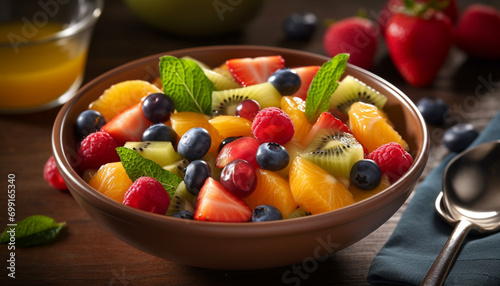 Fresh fruit salad with blueberries  strawberries  raspberries  and mint leaves generated by AI