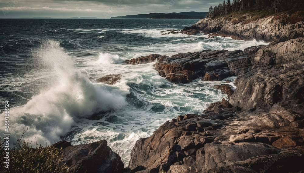 Nature beauty in a wave crashing against a rocky coastline generated by AI