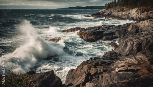Nature beauty in a wave crashing against a rocky coastline generated by AI