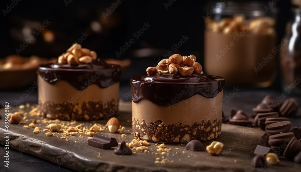 A gourmet dessert dark chocolate fudge on a wooden table generated by AI