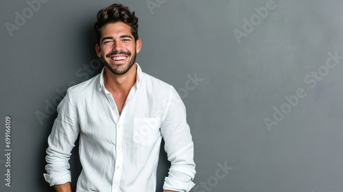 happy brunette man wearing formal clothes smiling at camera with hands in pockets isolated over gray background photo
