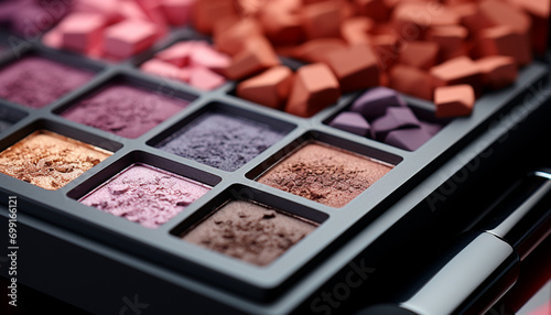 Beauty product collection vibrant colors, pink eyeshadow, shiny palette generated by AI