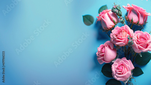 Algumas rosas cor-de-rosa, formando uma moldura com fundo azul com espaço para texto.