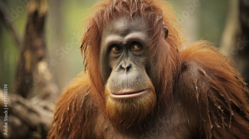 sad-looking orangutan in a degraded forest, emphasizing habitat destruction generative ai photo